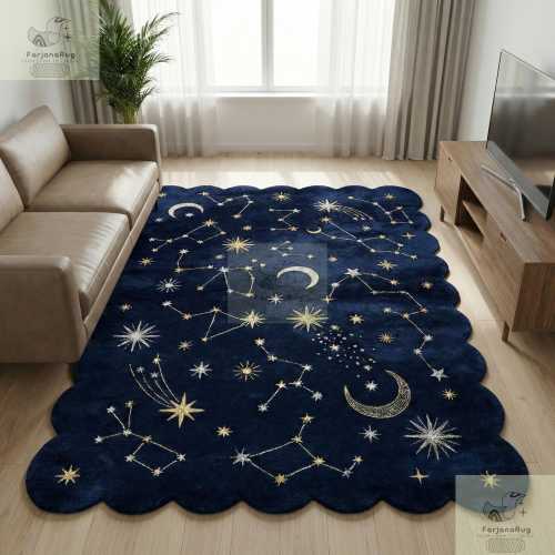 Hand Tufted Wool Area Rug, Navy Celestial Constellation, Scalloped Edge