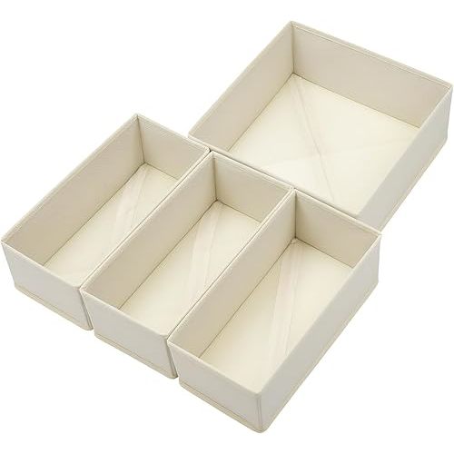 Drawer Organizer Set of 4 Beige - Fabric Storage Bins for Clothes, Underwear, Socks & Bras - 11" Dresser Dividers for Bedroom Closet