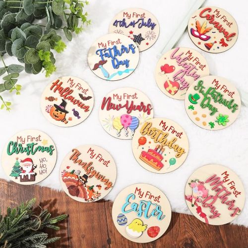 FYSUIMU 12 Pcs My First Holiday Baby Milestone Cards Double-deck Wooden Discs Announcement Sign Newborn Photography Prop for Pregnancy Baby Shower Party Favors