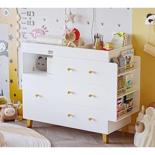 Baby Changing Table Dresser,Diaper Changing Table with Large Tabletop,4 Drawers, Open Storage Space & Side Shelves,Modern Storage Crib with Changing Table for Nurseries and Baby Rooms,White