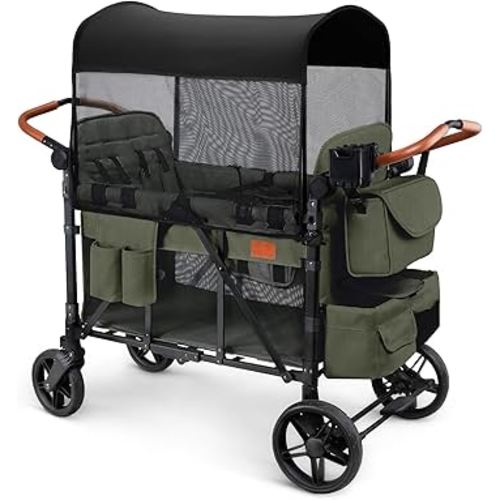 Wagon Stroller for 4 Kids, All-Terrain Wagon for Toddler with Canopy, Parent Organizer, Shoulder Bag, Adjustable Handlebar, Phone Holder, High Seat & 5 Point Harness, Ultimate Quad (Green)