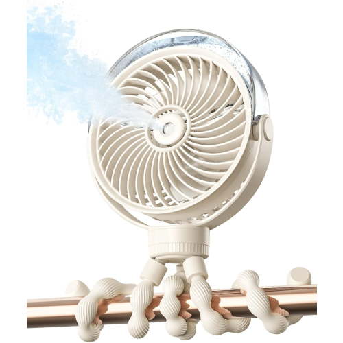 Misting Stroller Fan – Portable Baby Fan with Spray Cooling, 4 Speeds, Quiet Rechargeable Fans for Travel, Outdoor, Golf Cart, Car Seat, Beach (Beige)