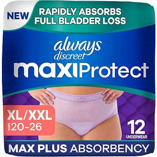 Always Discreet MaxiProtect Adult Diapers for Women, Incontinence Underwear, Postpartum Essentials, Bladder Leak Protection, Disposable Briefs, Maximum Plus Absorbency, Size XL/XXL, 12 Count