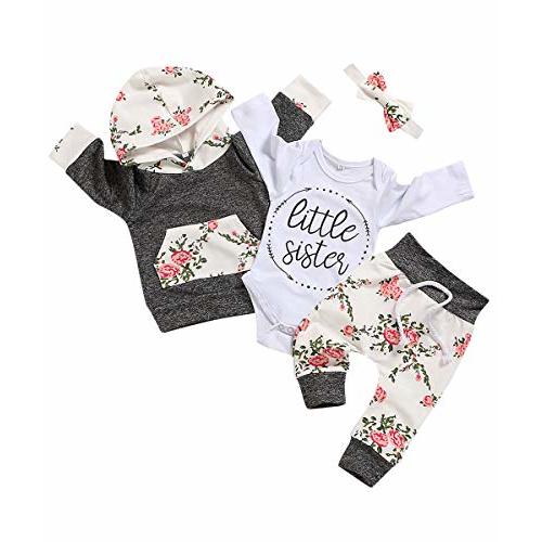 oklady Baby Girl Clothes,Little Sister Romper Hoodie Tops Floral Pant with Cute Headband 4PCS Baby Girl Fall Outfits