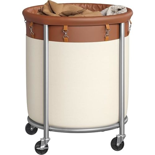 SONGMICS 50.2-Gallon (190 L) Laundry Basket with Wheels, Rolling Round Heavy-Duty Laundry Hamper Cart with Steel Frame and Removable Bag, 2 Locking Wheels, Coffee Brown and Cream White URLS001KQ02