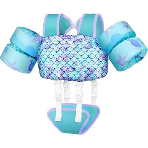 Vvinca Toddler Swim Vest for Kids 13-30lbs/ 30-66lbs Boys Girls Puddle Kid Jumper Toddlers Pool Floaties Jacket with Adjustable Crotch Strap Sleeves Shoulder for 1-3-10 Yrs Baby Infant Learn to Swim