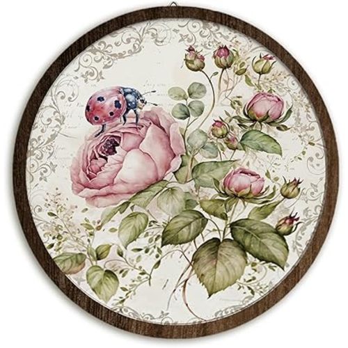 BIWSHA Vintage French Floral Country Wall Decor, Vintage Pink Floral Wooden Wall Art Decor, Wall Art Decor, Shabby Chic Rustic Ladybug Rose Round Wall Hanging Decor for Home Bedroom Living Room, 10 Inch Diameter