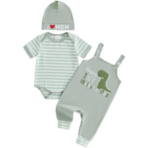 First Mothers Day Baby Boy Outfit Short Sleeve Stripe Romper Elephant/Dinosaur Embroidered Overall Pants and Hat Set