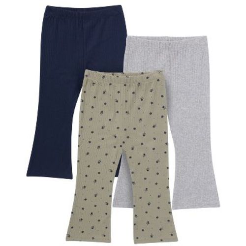 Gerber Baby Girls' 3-Pack Textured Flare Leggings, Green Daisies, Blue and Gray, 12 Months