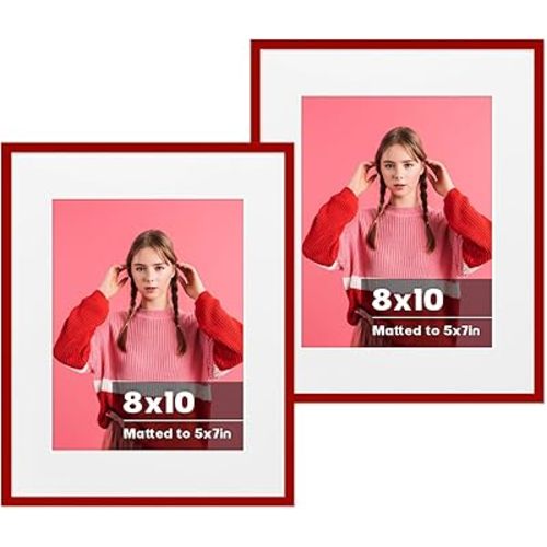 jenesaisquoi 8x10 Picture Frame 2 Pack - Display Posters 5x7 with Mat or 8x10 Without Mat - Vertical & Horizontal Wall Hanging for Posters & Art Prints Red Aluminum Alloy
