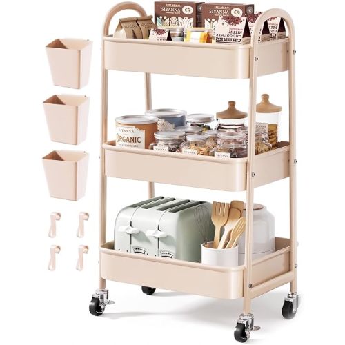 Beige 3 Tier Rolling Cart Metal on Wheels, Three Tiered Storage Organizer Utility Trolley with Wheels for Art, Craft, Baby Diaper Caddy, Bedside, Nail, Cleaning Supplies, Bathroom,Tan Postpartum Carts