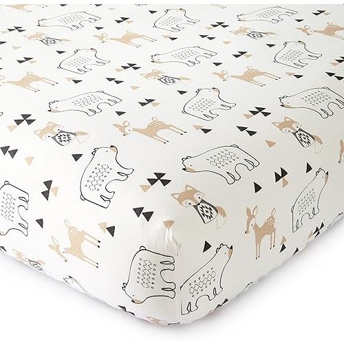 Levtex Baby - Bailey Bear Crib Fitted Sheet - Fits Standard Crib and Toddler Mattress - Tossed Bear, Fox and Deer - Black, Tan and White - Nursery Accessories - 100% Cotton