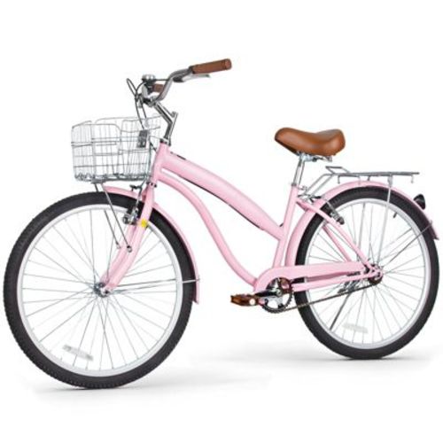Hykolity 26 Inch Cruiser Beach Bike Commuter Bicycle for Adult Women Men City Bikes with Basket Comfort Saddle Rear Rack Pink