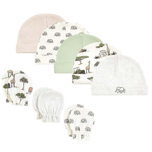 Hudson Baby Unisex Baby Cotton Cap and Scratch Mitten Set, Going On Safari, 0-6 Months