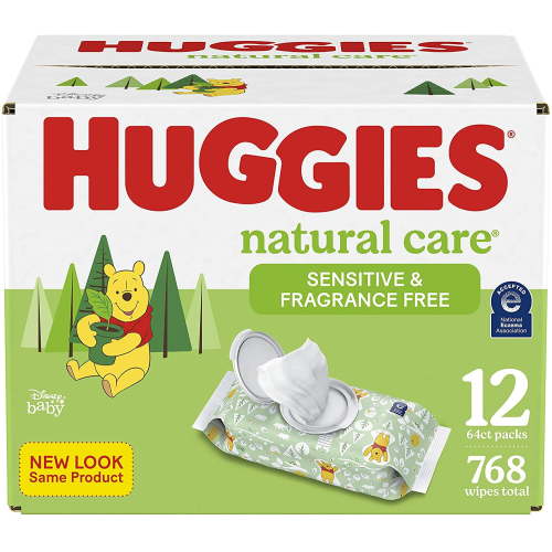 Baby Wipes, Huggies Natural Care Sensitive Baby Diaper Wipes, Unscented, Hypoallergenic, 12 Flip-Top Packs (768 Wipes Total)