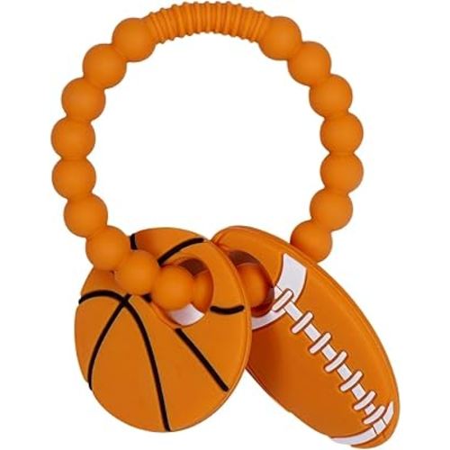 Silicone Baby Ring Toy with Basketball,American Football Teethers,Must Haves Teething Relief Chew Toys for 3-6,6-12 Months Boys and Girls,Newborns Essentials,Safe and Soft,BPA Free.