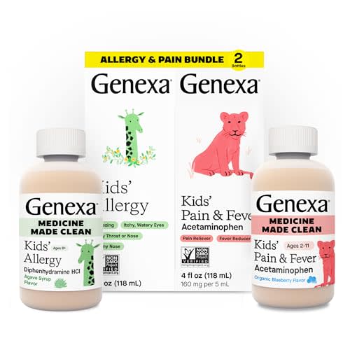 Genexa Kids' Clean Allergy & Acetaminophen Medicine Combo, Dye Free, 0% Artificial Additives, Childrens Antihistamine & Pain Reliever Fever Reducer, Ages 6-11, Organic Agave & Blueberry (2 Pack)