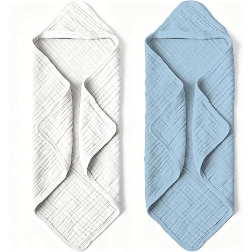 Organic Muslin Hooded Baby Bath Towels - 2 Pack 100% Organic Cotton Towel for Babies, Infants, Toddlers - 32x32Inch - Highly Absorbent and Newborn Essential(Grey Blue)