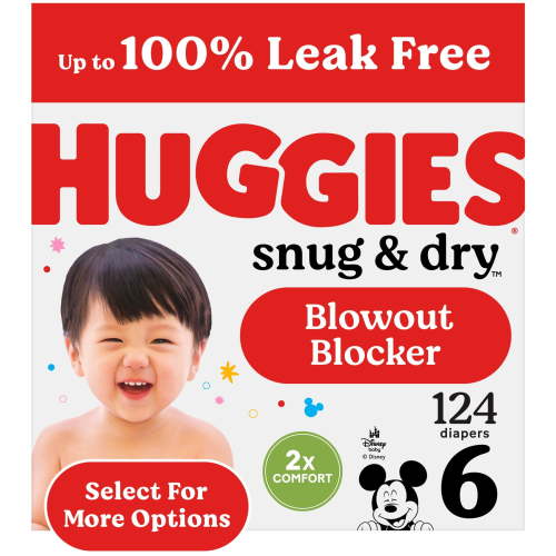 Huggies Snug & Dry Diapers, Size 6 (35+ lbs), 124 Ct, Fragrance Free, Leakproof, with Wetness Indicator