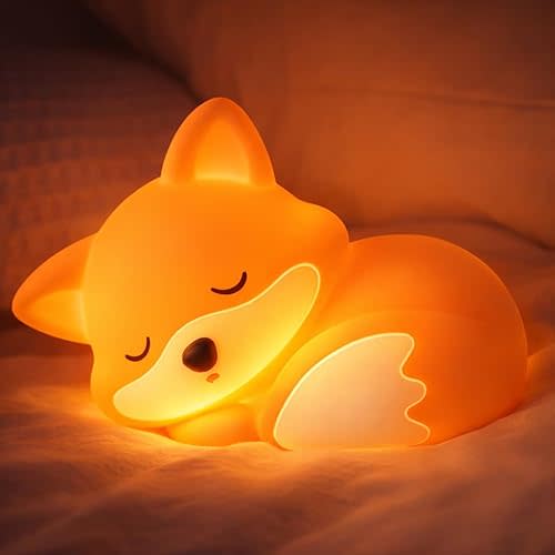 Sleeping Fox Night Light, Rechargeable Silicone Fox Lamp with Timer & Dimmable Warm Light, Cute Animal Nightlight for Bedroom, Nursery Decor & Gift
