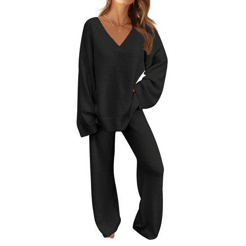 MEROKEETY Women's Lounge Sets 2025 Fall Fashion 2 Piece Outfits Sweater Pajama Set Fuzzy Loungewear Matching Winter Clothes