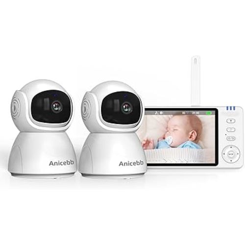 Anicebb 5" HD Video Baby Monitor with 2 Camera and Audio, No WiFi Hack-Proof Security, Remote Pan-Tilt-Zoom, 100-Hour Battery Life in VOX Mode, 1000ft Range, Night Vision, Temperature & Cry Alerts