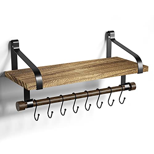 Love-KANKEI Floating Shelf Wall Shelf for Storage Rustic Wood Kitchen Spice Rack with Towel Bar and 8 Removable Hooks for Organize Cooking Utensils or Mugs Carbonized Black