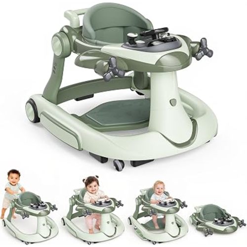Todefull 6-in-1 Baby Walker with Wheels, 3 Level Height Adjustable with Music & Lights Box, Speed Control, Anti-Slip Base, Foldable Baby Push Infant Walkers for Babies 6-12 Months, Boys & Girls