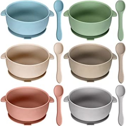 Pinkunn 6 Set Baby Silicone Suction Bowls with Spoons BPA Free Baby Led Weaning Food Bowl Food Grade Toddler Food Storage Bowl Dishwasher Microwave Safe Feeding Set (Light Color)