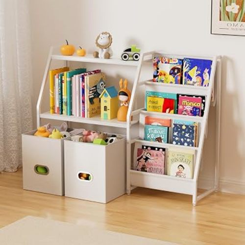 HAVLOTII Bookshelf and Toy Storage with 4 Book Shelf and 2 Storage Bins