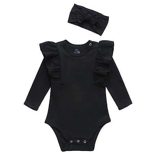 O2 BABY Organic Cotton Baby Girls Romper Long Sleeve Bodysuit for Newborn, Infant Jumpsuit with Headband Outfit Set