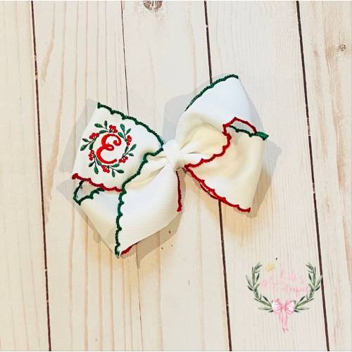 Custom embroidered monogrammed Christmas holly moonstitch ribbon bow