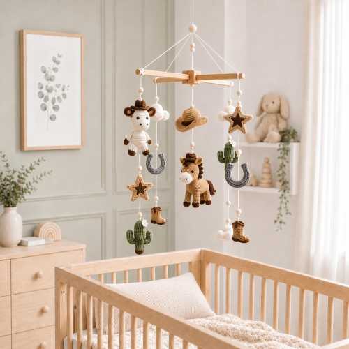 Handmade Crochet Cowboy Baby Mobile, Western Nursery Decor, Horses, Cacti, Boots