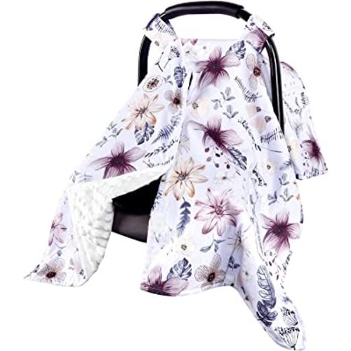 Baby Car Seat Cover, Peekaboo Opening Spring Car Seat Canopy for Baby Girls Boys, Mom Nursing Breastfeeding Covers, Blanket for Infant, Purple Watercolor Flower