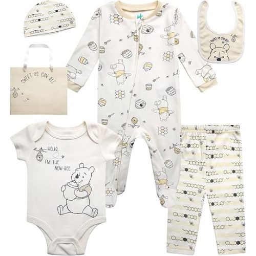 Disney Newborn Baby Girl Boy Clothes - 7 Piece Mickey Mouse Winnie the Pooh Bib Onesie Overall Beanie Pants Gift Bag Gift Set