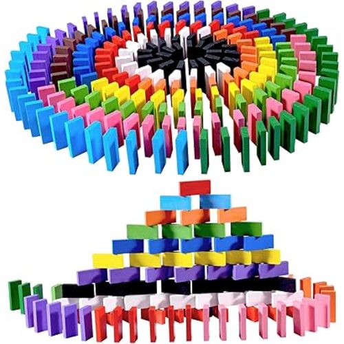 OBTANIM 600 Pcs Colorful Wooden Domino Blocks Set Tile Bulk Building Racing Stacking Games Educational Toys for Kids Birthday Party Favor