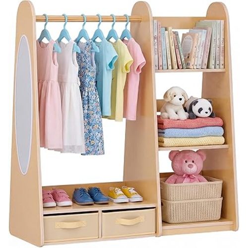VEVOR Kids Dress Up Storage, with Mirror, Dress Up Closet, Toddler Wardrobe Closet for Little Girls, Armoire with Shelves & Bottom Tray, Costume Organizer, Toddler Room Furniture, for Bedroom, Natural