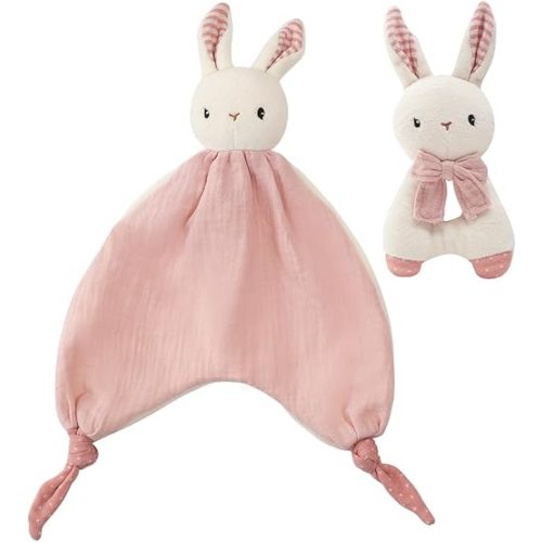 Organic Cotton Stuffed Animal Rattle Baby Toys, Plush Bunny Cuddle Cloth and Hand Grip Ring Rattles Plush Toy Set for Newborns Infant Boys Girls, 2 PCS