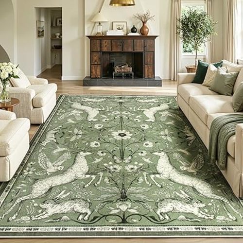 Lahome 8x10 Washable Area Rug for Living Room, Woodland Deer Boho Animal Rug, Vintage Botanical Green Non-Slip Low Pile Large Carpet for Bedroom Dining Room Nursery Farmhouse Decor