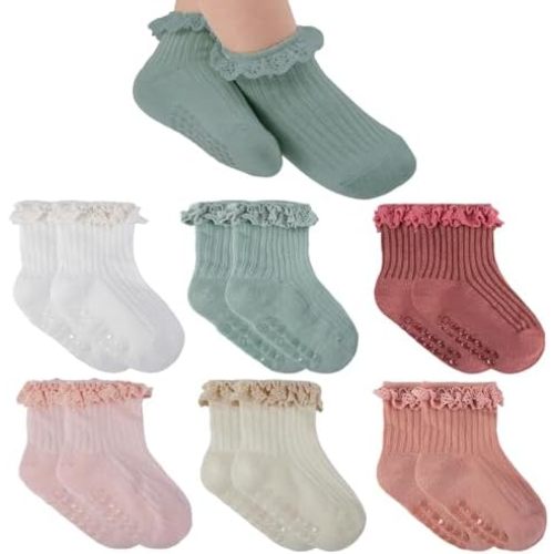 6 Pairs Baby Girl Ruffle Socks Non Slip Grips Cotton Frilly Ankle Crew Fancy Dress Socks for Newborn Infant Toddler