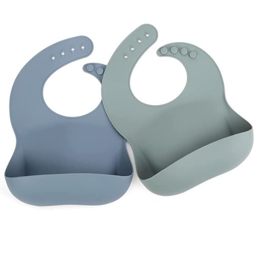 Ginbear Silicone Bibs for Babies, Waterproof Adjustable Silicon Rubber Baby Feeding Bibs with Food Catcher Pocket for Toddlers 6 Months+ (Grayish Blue/Sage)