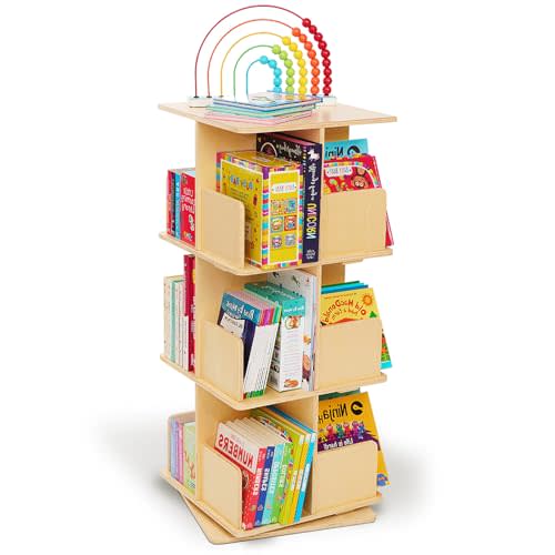 Monläurd® 100% Birch Rotating Bookshelf for Kids, 360° Spinning Montessori Bookcase, Space-Saving Wooden Storage for Nursery, Playroom & Classroom