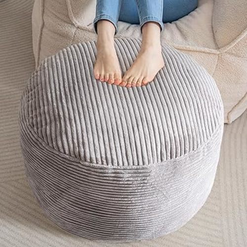 HIGOGOGO Round Stuffed Pouf Ottoman, Corduroy Poufs with Foam Chunk Filling, Furry and Fluffy Pouf Foot Stool Storage Ottoman, 26 X 18 Floor Poufs Foot Rest for Living Room, Grey