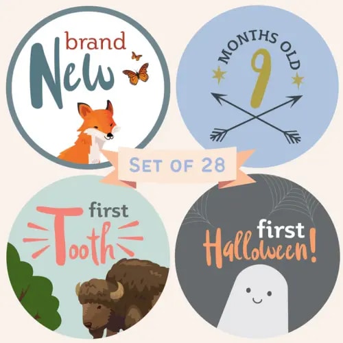 Baby Month and Milestone Stickers, Set of 28 - Woodland
