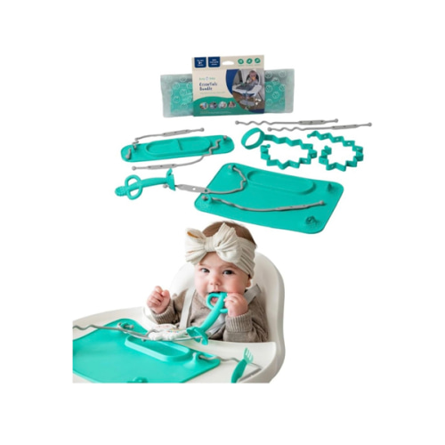 BUSY BABY Essentials Bundle New Parent Starter Kit - Suction Placemat, Mini Mat, Teether Spoon, Toy Bungee, Bottle Bungee, 6 Tether Straps, Wet Bag (Spearmint)