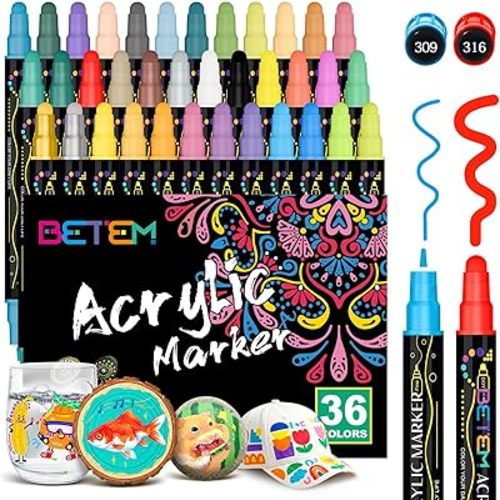 Betem 36 Colors Dual Tip Acrylic Paint Pens Markers, Premium Acrylic Paint Markers Stocking Stuffers for Rock, Wood, Fabric, Glass, Canvas, Ceramic, Christmas Gifts for Teens DIY Crafts Art Supplies