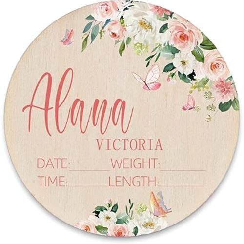 Personalized Birth Stat Sign for Newborn Baby, Birth Announcement Sign, Pink Floral, Wooden, 4-8" Diameter