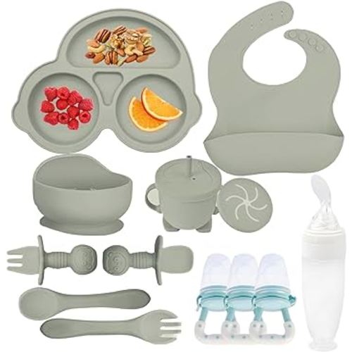 Silicone Baby Feeding Set,Miicasa Baby Led Weaning Supplies Kit With Suction Bowl & Car Plate, Bib, Spoon, Fork, Cup - Food-Grade Silicone, Dishwasher-Safe, No BPAs - For 3+ Months