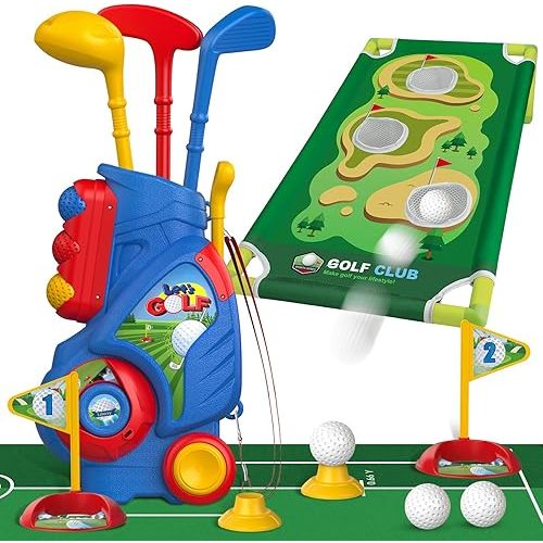 Liberry Toddler Golf Set for 2 3 4 5 Years Old Boys Girls, Upgraded Kids Golf Cart with Golf Cornhole Board & Putting Mat, Indoor and Outdoor Golf Toys Birthday Gifts