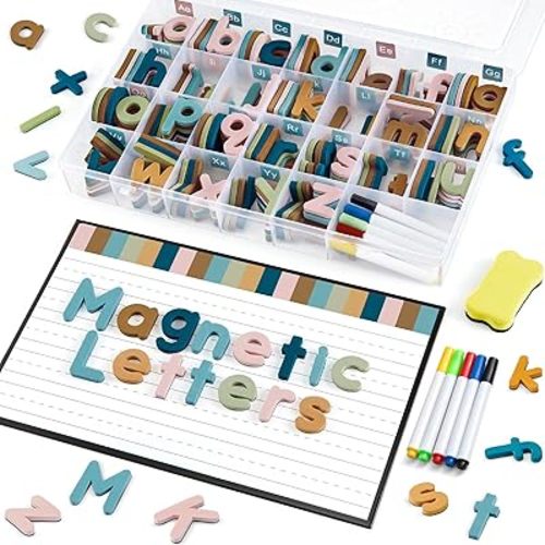 MotiMind 246 Pcs Soft Foam Magnetic Alphabet Letters Kit EVA Alphabet Learning Toys with Whiteboard and Pens Fridge Magnets for Preschool Kids Toddler Spelling and Learning (Boho Color)